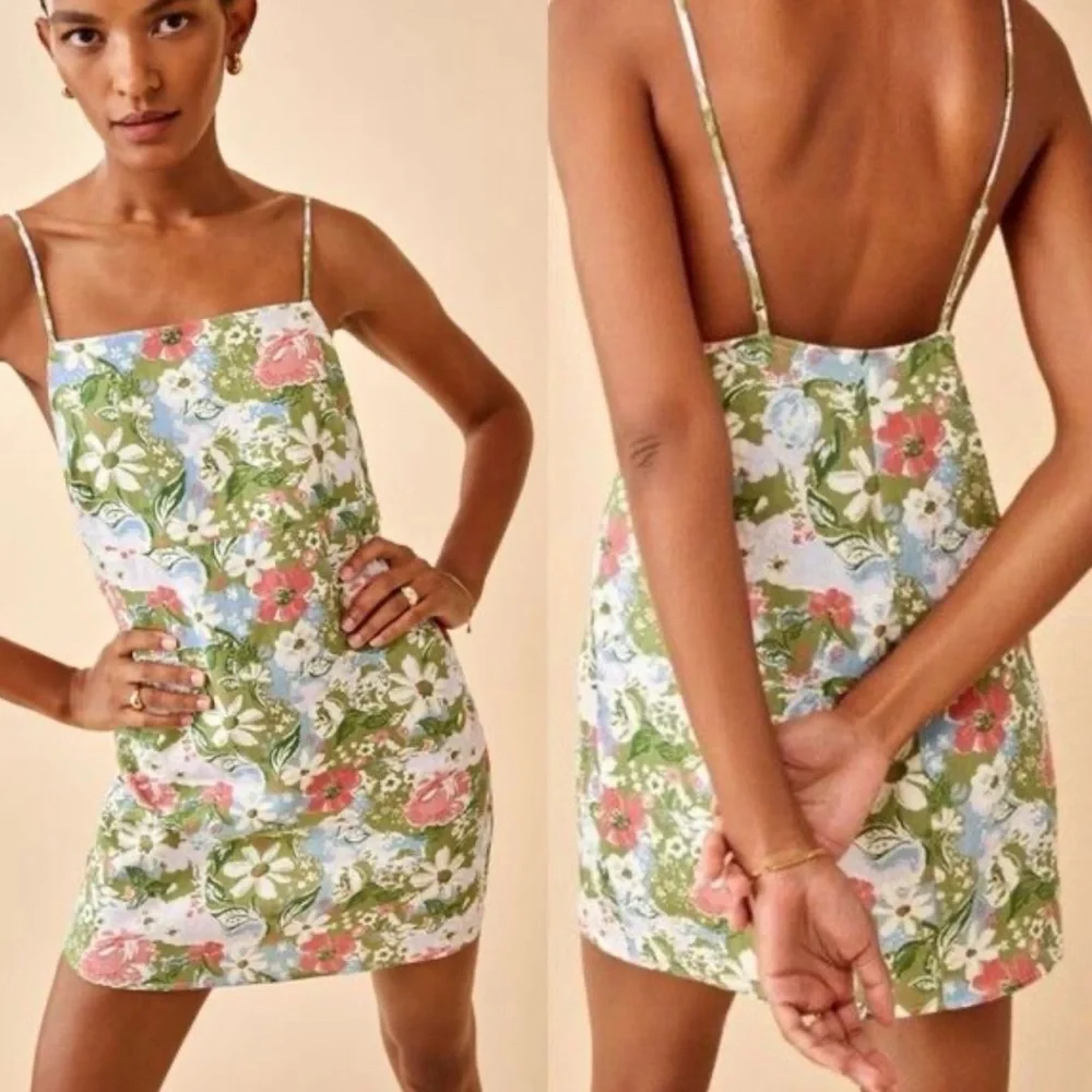 Reformation Full Linen Floral Square-Neck Mini Dress in Green, Pink and Blue - Picture 8 of 8